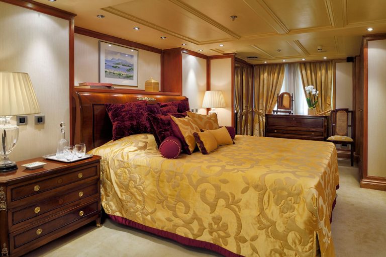 From the 17 staterooms, 14 can be either double or twin bedded configuration. The iconic Onassis Suite with its devoted lounge and fireplace.