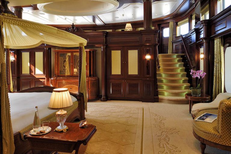 The opulent master stateroom is located on the main deck offering an 180o vista lounge with observatory at a raised area.