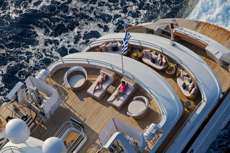 Sumptuous huge decks host large families or guests from corporate events during cruising or at anchor, or at a static charter. 