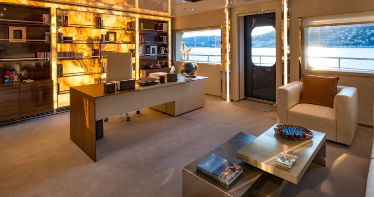 Master Stateroom features a lounge on the upper deck, a marvelous bathroom and walk-in wardrobe, and a devoted study with own entrance. 